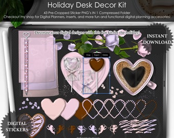 Pastel Valentines Holiday Decor Kit Planificación Digital Precropped PNG Scrapbooking ClipArt Planner Stickers Mockup Desk Scene