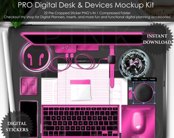 Pink PRO Digital Desk and Devices Mockup Kit PNG Files Planner Stickers Planning Precropped Scrapbooking ClipArt Top View Scene Creator