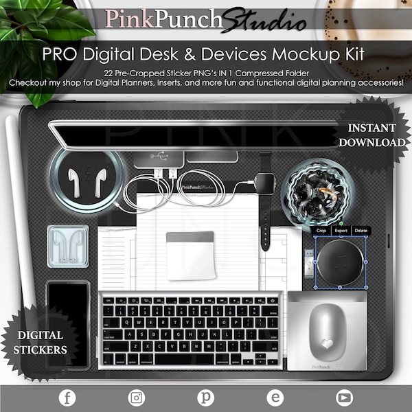 Black and Silver PRO Digital Desk and Devices Mockup Kit PNG Planner Stickers Planning Precropped Scrapbooking ClipArt Top View Accessories