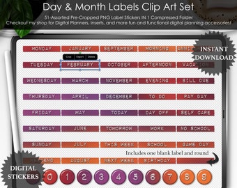 Tequila Sunrise Planner Stickers: Month & Day Labels (Digital PNG)