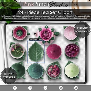 Conjunto de Chá Floral Clipart para Agendas e Diários Digitais | 24 Adesivos PNG com Xícaras de Chá, Bule e Chá de Ervas | Kit Pétalas e Pérolas