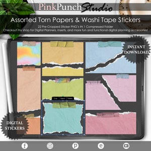 Kit di adesivi PNG con carta strappata e washi Just Sherbet, planner digitale, scrapbooking, clip art, mockup di scene da scrivania, GoodNotes