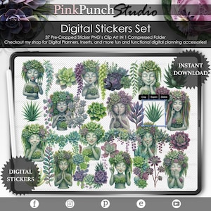 May include: Digital sticker set with illustrations of women adorned with succulent hair and clothing, alongside various succulents. The set contains 37 pre-cropped PNG clip art images. The image text reads "Digital Stickers Set".