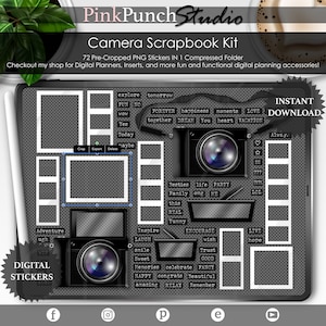 May include: A digital planner sticker set with a camera theme. The stickers feature a variety of words and phrases, including "explore", "forever", "happiness", "moments", "love", "vacation", "besties", "life", "party", "family", "omg", "me", "this", "real", "yummy", "adventure", "inspire", "laugh", "smile", "sweet", "memories", "celebrate", "fancy", "happy", "congrats", "beautiful", "amazing", "relax", "remember", "encourage", "wish", "trust", "good", "live", "hope", and more. The stickers are designed to be used in digital planners, but can also be used in other digital projects.