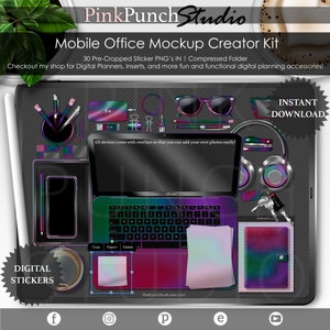 May include: A digital mobile office mockup creator kit featuring 30 pre-cropped sticker PNGs. The collection includes a laptop, tablet, smartphone, headphones, sunglasses, pens, keys, and stationery items, all with a vibrant, iridescent rainbow gradient finish.