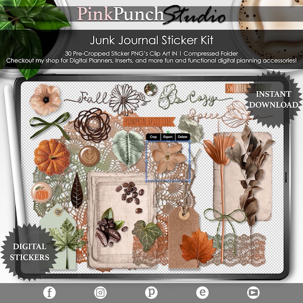 Pumpkin Spice Fall Orange Green Junk Journal PNG Stickers for Digital Planner Scrapbooking Clipart Mockup Desk Scene Creator Goodnotes