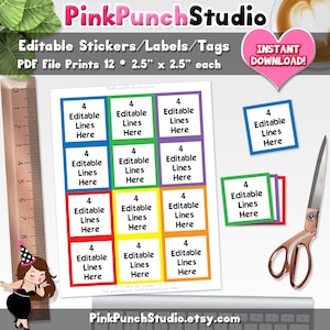 May include: Twelve 2.5 inch by 2.5 inch printable stickers with a rainbow border. Each sticker has a white background and the text "4 Editable Lines Here" in black. The stickers are arranged in a grid of four rows and three columns. The image also includes a ruler, scissors, and a keyboard.