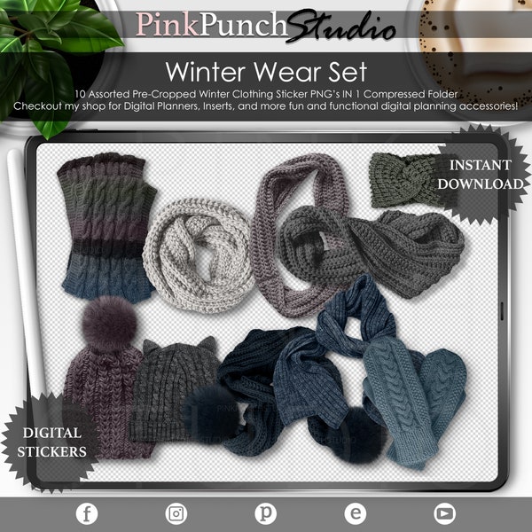 Dark Winter Wear PNG Stickers for Digital Planning Scrapbooking Clipart Scene Creator Mockup Goodnotes