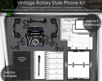 Black Vintage Rotary Phone Kit Digital Planner Planning Transparent PNG Files Scrapbooking ClipArt Stickers Desk Mockup Scene Creator Note