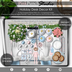Pastel Christmas Holiday Decor Kit Pianificazione digitale Precropped Transparent PNG Scrapbooking ClipArt Planner Stickers Mockup Desk Scene