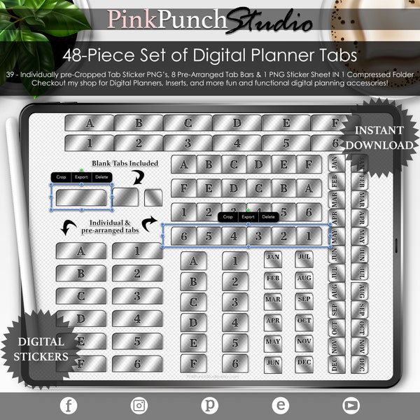 Black Digital Planner Tabs Set PNG Files Precropped Stickers Planning Scrapbooking Clipart Metallic Clear Build Your Own Do it Yourself DIY