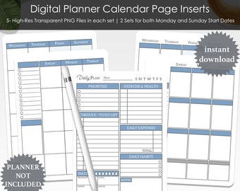 Digital Planner Calendar Page Inserts Transparent PNG Files Build Your Own Planner Daily Weekly Monthly Sunday and Monday Start Undated