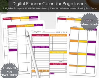 Digital Planner Calendar Page Inserts Transparent PNG Files Build Your Own Planner Daily Weekly Monthly Sunday and Monday Start Undated