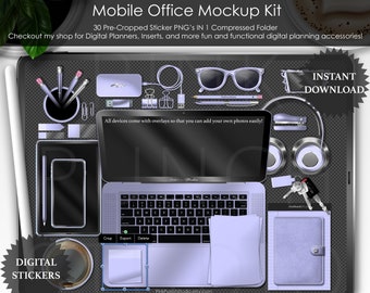 Periwinkle Purple Mobile Office Mockup Kit PNG Digital Planner Stickers Planning Precropped Scrapbooking ClipArt Top View Desk Scene Creator