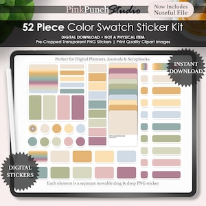 May include: A 52-piece digital color swatch sticker kit featuring various shapes including rectangles, squares, and circles in muted tones of sage green, dusty rose, soft yellow, and blue. The set includes gradient blocks and solid color swatches.