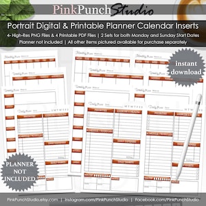 May include: Printable planner calendar inserts with a brown and white colour scheme. The inserts feature weekly and daily planning pages with sections for priorities, exercise and health, schedule, daily expenses, daily habits, and notes. The text "instant download" is in a starburst shape.