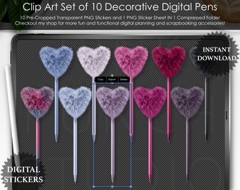 Pegatinas PNG de bolígrafos con pompones de corazón de Girl Squad: Clipart de planificador digital (GoodNotes)