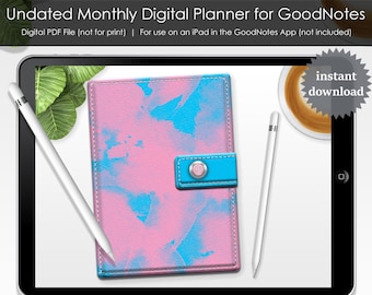 Monthly Digital Planner for GoodNotes Functioning Clickable Links PDF File Customizable Tabs Blue Pink Undated Month Lined Note Blank Pages