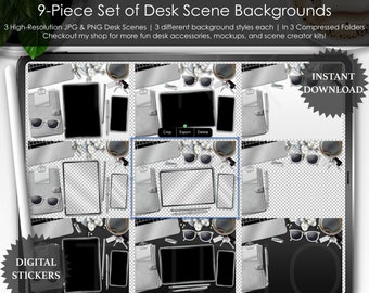 Silver Desk Scene Background Set Pre Made Tablet Product Mockup PNG JPEG Files Planner Planning Styled Stock Photo Office Top View Wallpaper