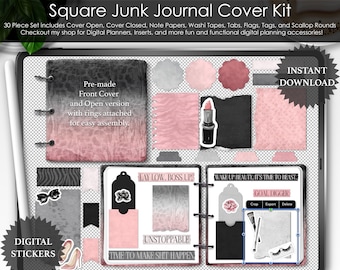 Girl Boss Square Junk Journal Cover Kit PNG Stickers Notebook Mockup for DIY Digital Planners and Scrapbooking