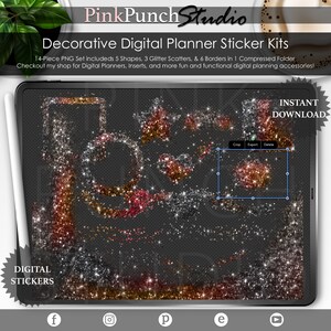 Può includere: Un set di adesivi per planner digitale con 14 pezzi di glitter dorato, argento e rosso. Gli adesivi hanno la forma di stelle, cerchi e altre forme astratte. Gli adesivi sono su uno sfondo trasparente. Il testo "DIGITAL STICKERS" è nella parte inferiore dell'immagine.
