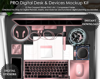 Rose Gold Digital Desk Sticker Kit | GoodNotes Sticker Book + PNG Stickers | Planner Mockup Creator | Desk Scene Kit