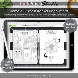 Peut inclure: Une tablette numérique affichant une page de planificateur intitulée Cleaning Schedule et Birthday Tracker. La page de nettoyage comprend des sections quotidiennes, hebdomadaires, bimensuelles, mensuelles et biannuelles. La page d'anniversaire présente un graphique de fleur avec douze pétales étiquetés avec les mois. Un stylet est positionné sur le côté gauche.