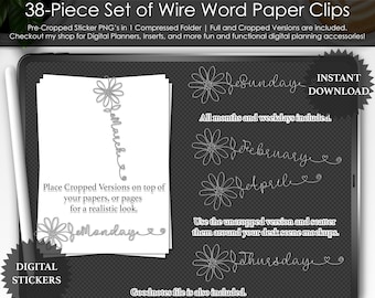 Silver Wire Months Weekdays Paper Clips Stickers ClipArt PNG Scrapbooking Planner Planning Journal Notebook Mockup Flat Lay Top GoodNotes