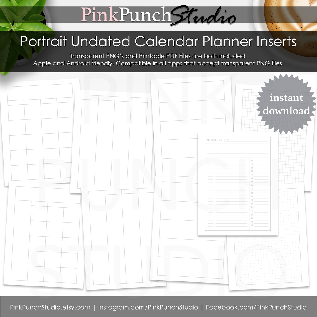 Undated Portrait Planner Calendar Page Inserts Digital PNG Printable ...