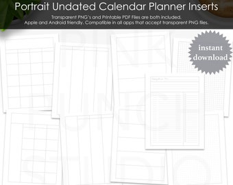 Undated Portrait Planner Calendar Page Inserts Digital PNG Printable PDF Planning Monthly Weekly Daily Dot Grid Graph Horizontal Vertical