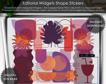 May include: A set of 40 digital stickers featuring abstract shapes, a tropical leaf, a sun, a flower, and a glass of juice. The stickers are in shades of red, orange, purple, and pink. The stickers are pre-cropped and ready to use in digital planners, inserts, and other digital planning accessories.
