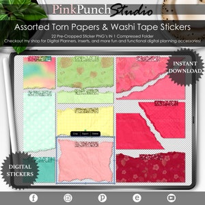 Adesivos digitais de morango, papel rasgado e fita washi: arquivos PNG do Goodnotes