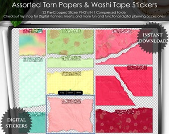 Strawberry Wasted Torn Paper & Washi Tape Digital Stickers: Goodnotes PNG Files
