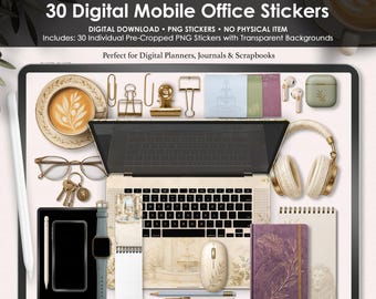 Adesivos para escritório móvel da Era da Deusa, adesivos para planner digital, clipart PNG de cena de mesa, adesivos para GoodNotes, acessórios para planner