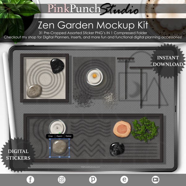 Zwarte elemental Zen Garden Kit Mockup Kit Top View Precropped PNG Scrapbooking ClipArt Stickers Desk Scene Creator Digital Planner Planning