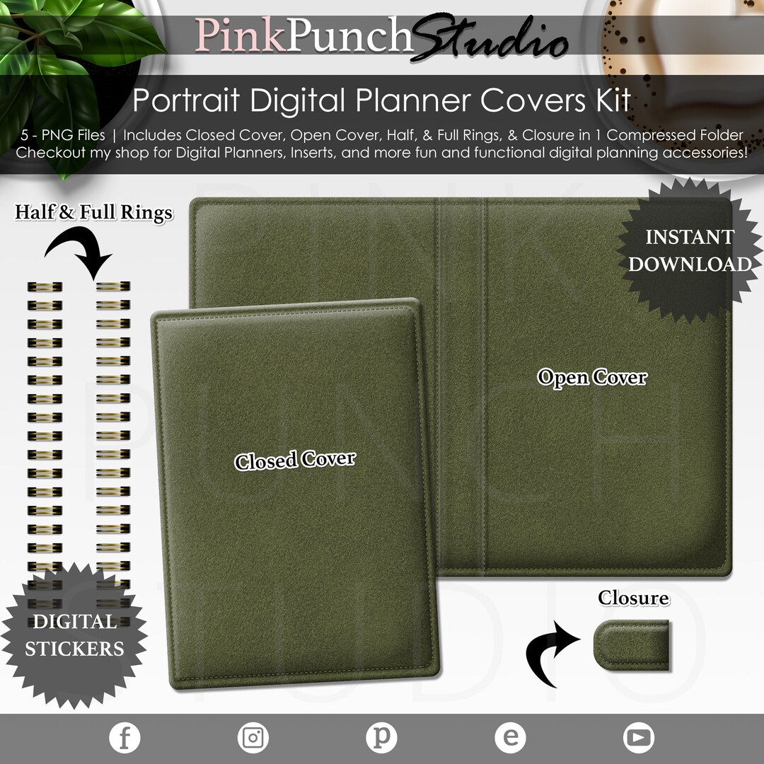 Olive Green Portrait Digital Planner Covers Kit Gold Spiral Wire Rings ...