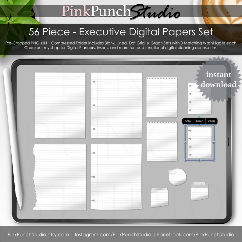 Executive Digital Papers Kit Precropped Transparent PNG Files Scrapbooking ClipArt Planner Planning Dot Grid Graph Lined Blank Notes Pages