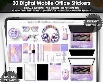 Glow Season mobila kontorsklistermärken, lila digitala planerare PNG-klistermärken, skrivbordsscen clipart, laptopjournalklistermärken, anmärkningsvärd fil