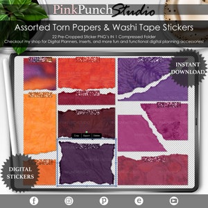 Adesivos digitais de papel rasgado e fita washi da Tequila Sunrise: arquivos PNG da Goodnotes (download digital)