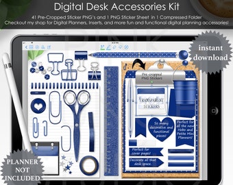 Dark Blue Desk Accessories Kit Digital Planner Precropped Transparent PNG Files Scrapbooking Clip Art Notebook Journal Stickers Navy Silver