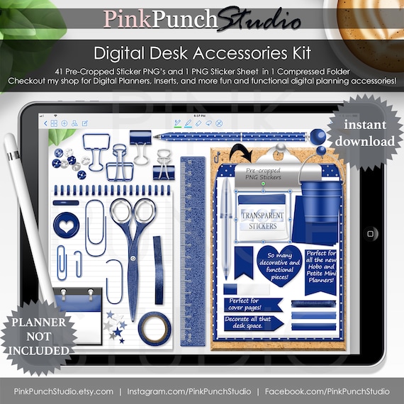 Dark Blue Desk Accessories Kit Digital Planner Precropped Etsy