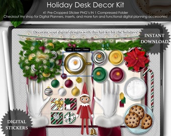 Kit de décoration de vacances de Noël planification numérique prérecadré PNG transparent Scrapbooking ClipArt planificateur autocollants maquette bureau scène créateur