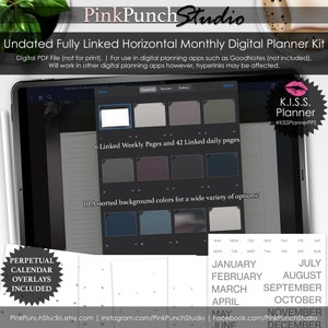 May include: A digital planner kit with a white background and a pink starburst graphic. The kit includes 6 linked weekly pages, 42 linked daily pages, 10 assorted background colors, and perpetual calendar overlays. The text "K.I.S.S. Planner #KISSPlannerPPS" is in the upper right corner.