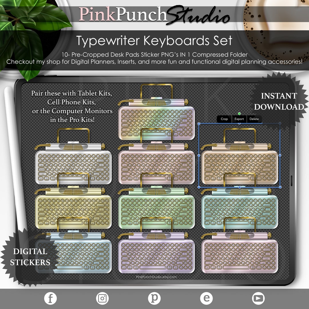 Pastel Gold Typewriter Keyboard Stickers Set Top View Desk Mockup