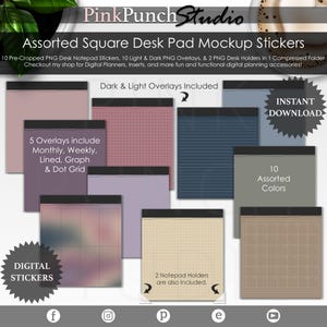 May include: A digital planner mockup with 10 pre-cropped PNG desk notepad stickers, 10 light and dark PNG overlays, and 2 PNG desk holders. The mockup features a variety of colors and patterns, including monthly, weekly, lined, graph, and dot grid overlays. The text "Instant Download" is also included.