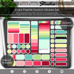May include: A digital sticker set with 52 pre-cropped PNGs featuring a colour palette swatch in shades of red, green, yellow, and blue. The stickers are designed for digital planners and inserts. The text "INSTANT DOWNLOAD" is visible in the top right corner.