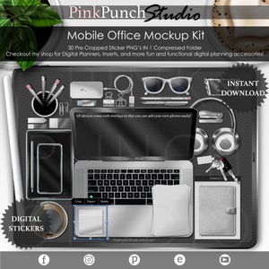 May include: A digital planner mockup kit with 30 pre-cropped sticker PNGs in a compressed folder. The kit includes a laptop, smartphone, notepad, headphones, sunglasses, and other office supplies. The image has a black and white colour scheme with a checkered background.