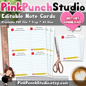 May include: Printable PDF file of editable note cards with a red apple and pencil design. The cards are formatted for 4-up printing on A2 size paper. The text on the cards reads "A little note from Editable Teacher's Name".