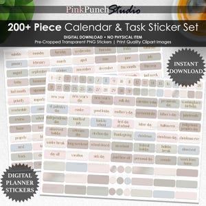 May include: A digital download set of over 200 calendar and task stickers. The stickers include dates, months, holidays, and other planner essentials. The stickers are in neutral colors and are pre-cropped transparent PNG images.