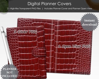 Red Crocodile Alligator Skin Portrait Digital Planner Covers Set Transparent PNG Files Journal GoodNotes Scrapbooking ClipArt Notebook
